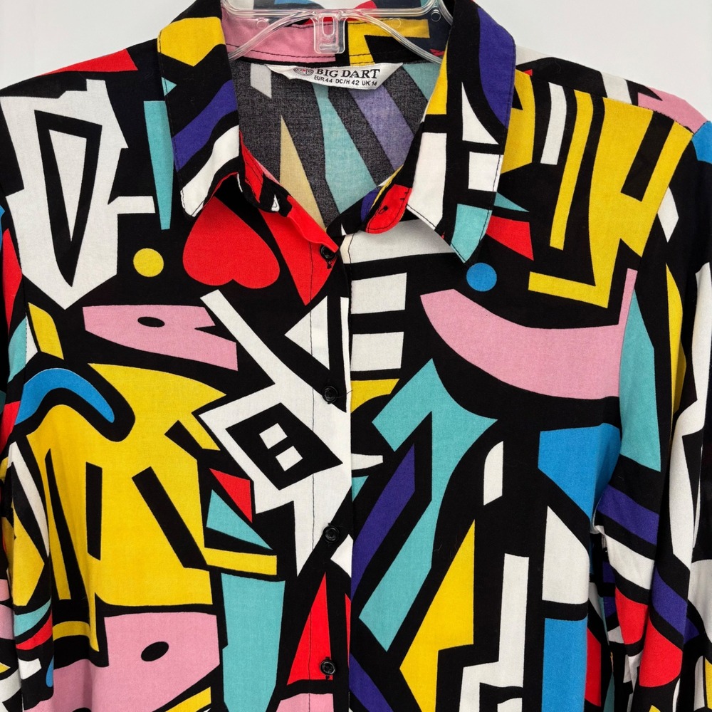 Big Dart Womens Abstract Geometric Print Button Down Blouse Multicolor Sz UK 14